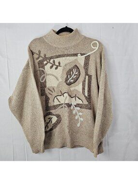 Vintage Santoria Sweater Womens XL Beige Silk Angora Wool Embroidered Sweatshirt